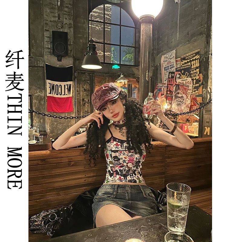 Fianmai THIN MORE Temperament Creative Funny Graffiti Cartoon Suspender Personalized Tight Retro Short Top Summer