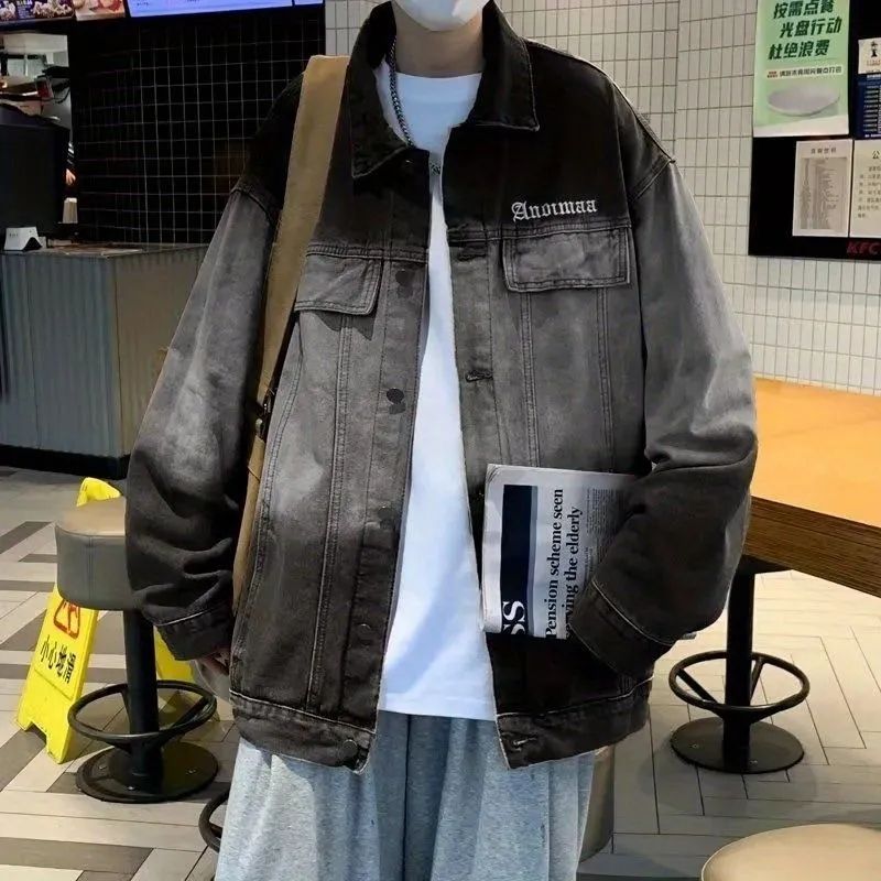 漸變工裝牛仔外套男士歐美風復古水洗翻領bf夾克褂子痞帥潮流上衣