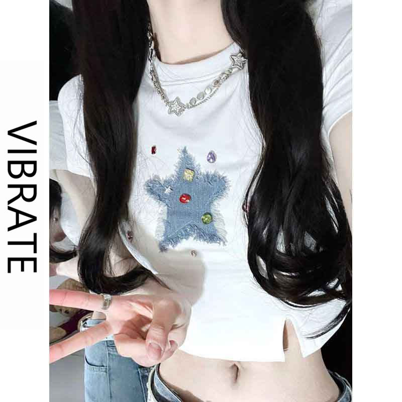 VIBRATE Korean style hot girl front shoulder short-sleeved t-shirt female summer design sense chic sweet cool slim short top