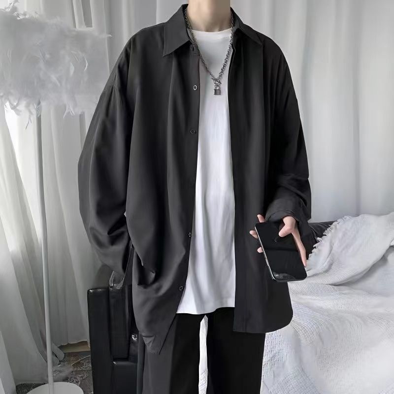 夏季垂感冰絲襯衫男裝長袖防曬外套寬鬆胖子大碼韓版潮流痞帥襯衣