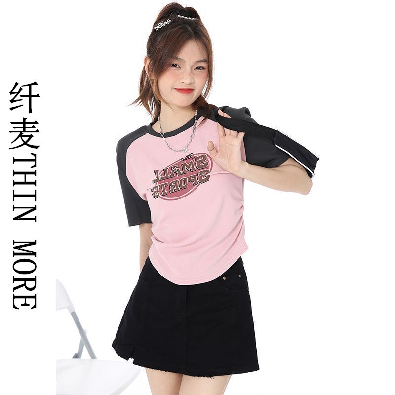 Fianmai THIN MORE Sweet and Spicy Top Summer New American Print Slimming Right Shoulder Round Neck T-shirt Printed Short Sleeve