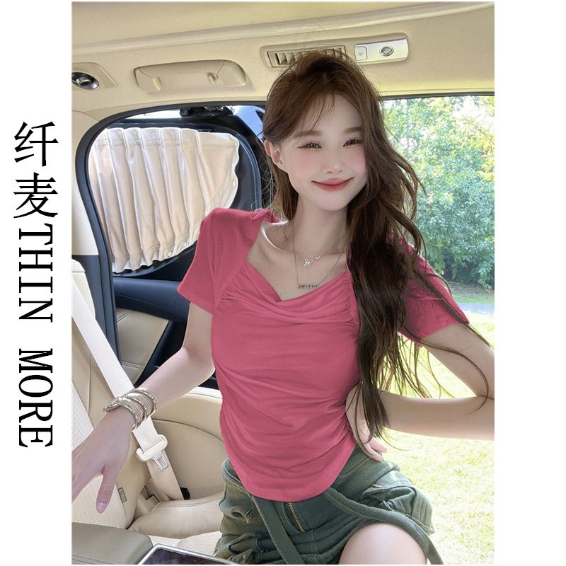 纖麥THIN MORE褶皺方領短袖t恤女夏短款不規則下擺緊身上衣打底衫