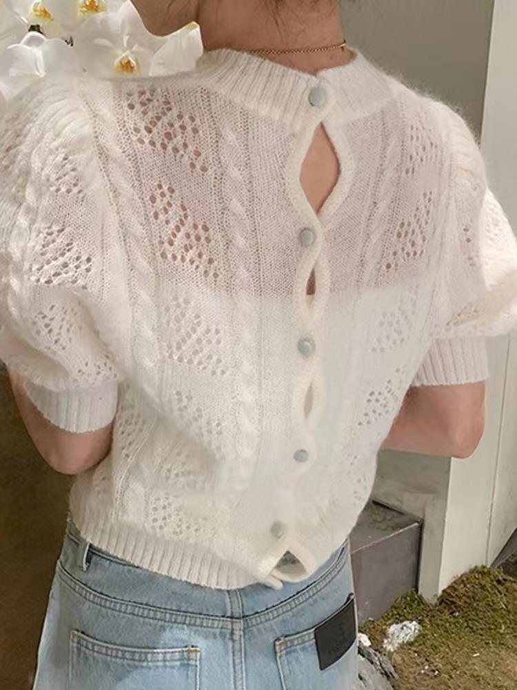 Early autumn mohair white cardigan sweater women's short design sense niche hollow-out knitted sweater slim temperament top