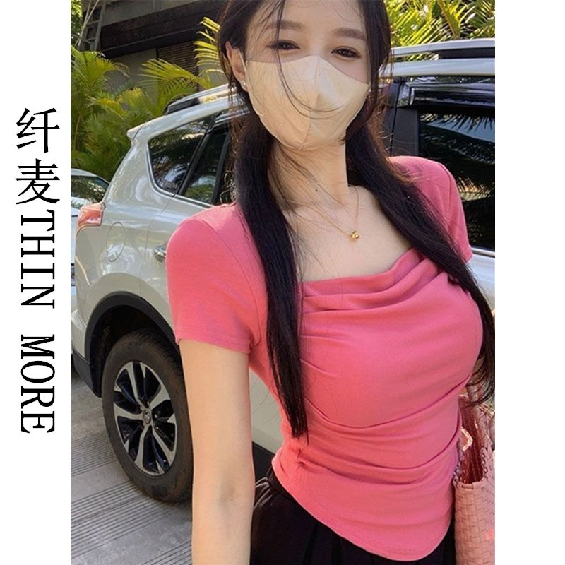 Fianmai THIN MORE square neck short-sleeved T-shirt for women summer new slim-fitting short design pleated waist top