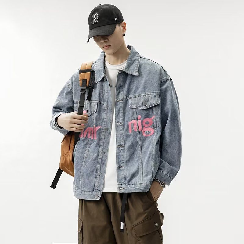 Letter printed denim jacket spring and autumn handsome work jacket men's Hong Kong fashion brand ins loose student top