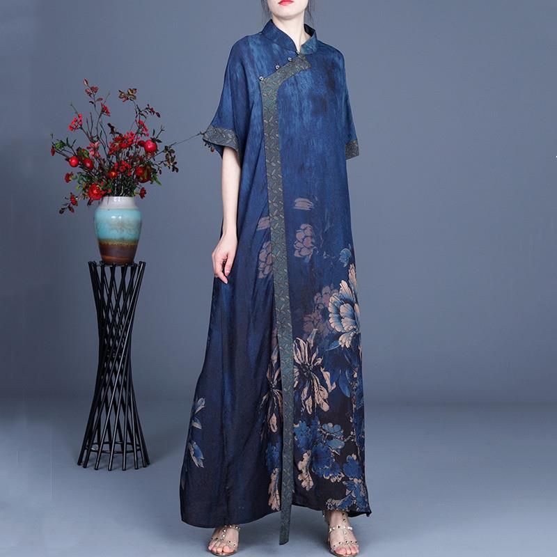 Chinese style retro improved cheongsam dress women's summer buckle elegant temperament loose large size ethnic style long skirt