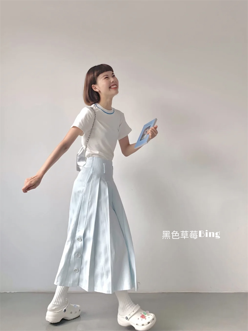 韓系ins小眾高級感撞色刺繡正肩短袖T恤百褶A字傘裙夏季兩件套女