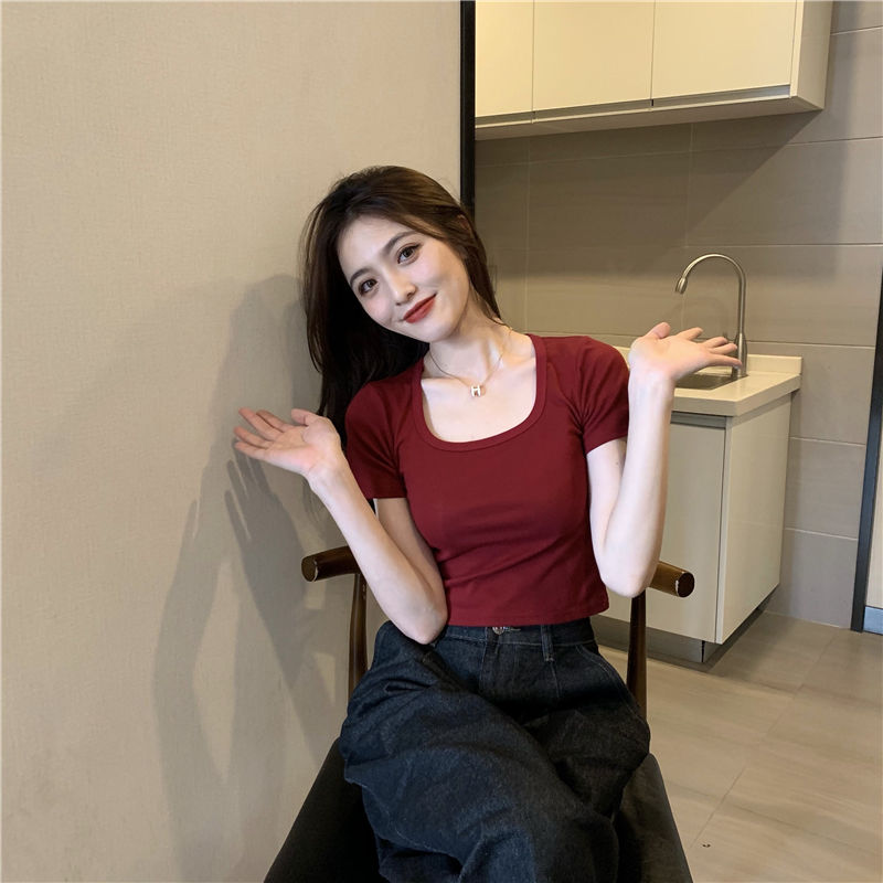 夏季短款修身露臍正肩短袖t恤女辣妹純欲大領口內搭上衣u領體恤潮