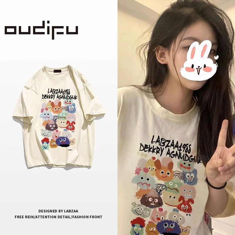 OUDIFU純棉短袖t恤女2023年新款春夏ins潮寬鬆體恤多巴胺小眾上衣