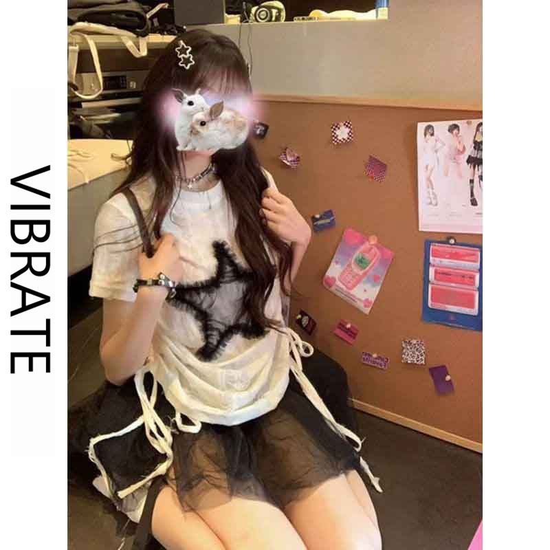 VIBRATE韓版夏季蕾絲五角星上衣新款韓版甜辣風綁帶抽繩圓領T恤