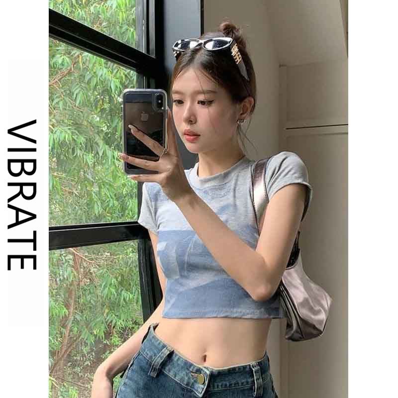 VIBRATE Korean version tie-dye T-shirt women's short-sleeved front shoulder American sweet hot girl short top summer new niche