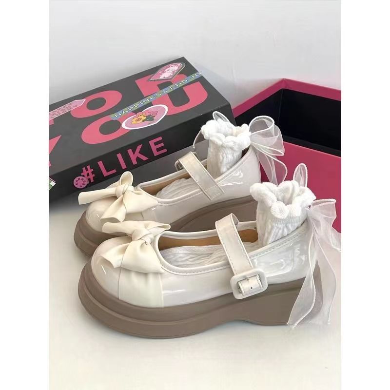WRQC甜美蝴蝶結瑪麗珍小皮鞋女春夏2023新款百搭jk厚底英倫單鞋潮