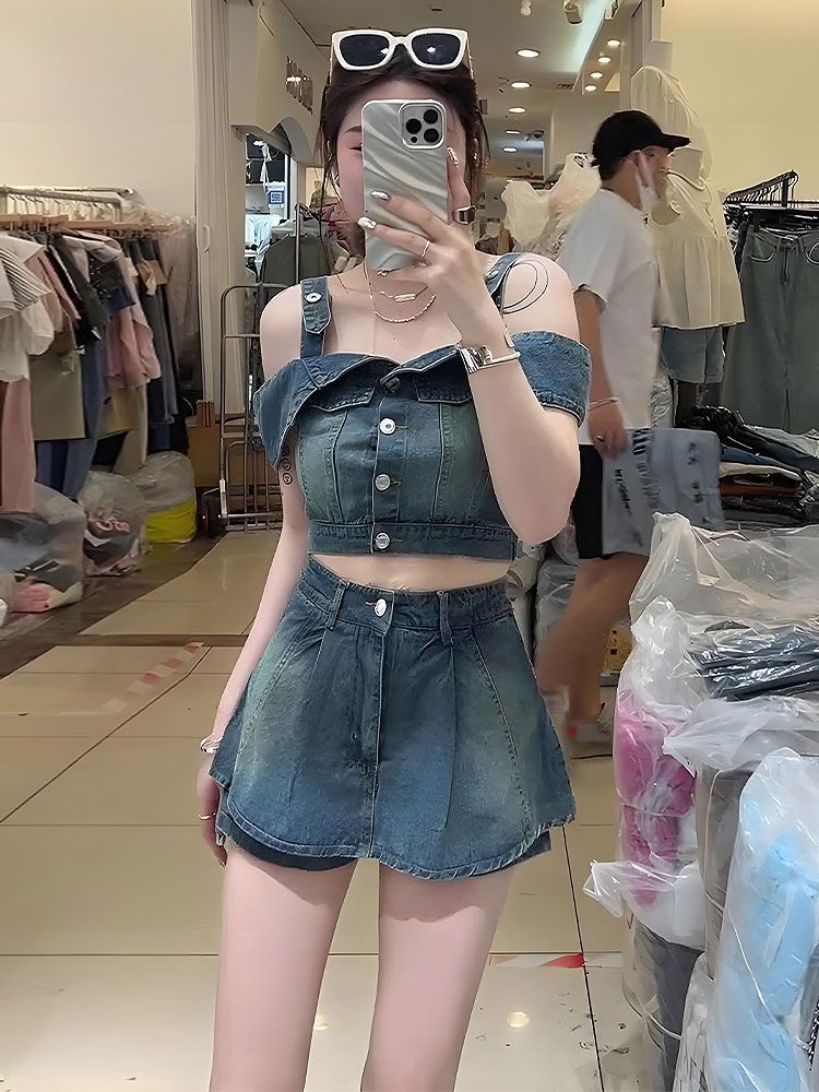 Temperament hot girl suit female summer sexy off-the-shoulder short denim top + slim a-line culottes two-piece set