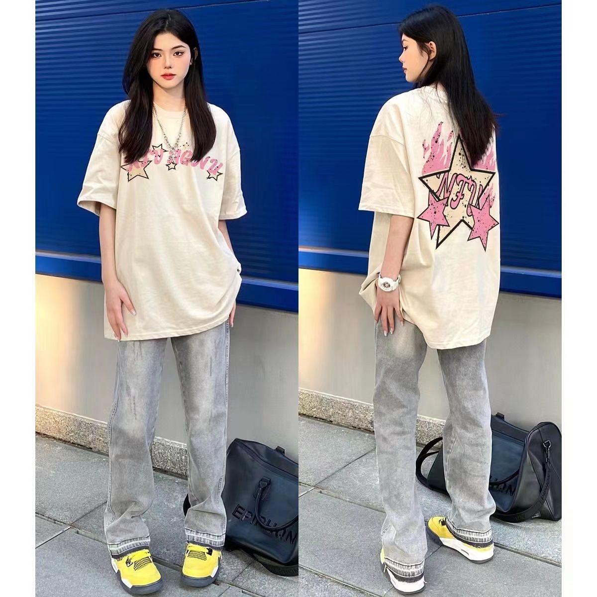 American retro 100% cotton short-sleeved T-shirt women's ins trendy loose oversize all-match slim tops