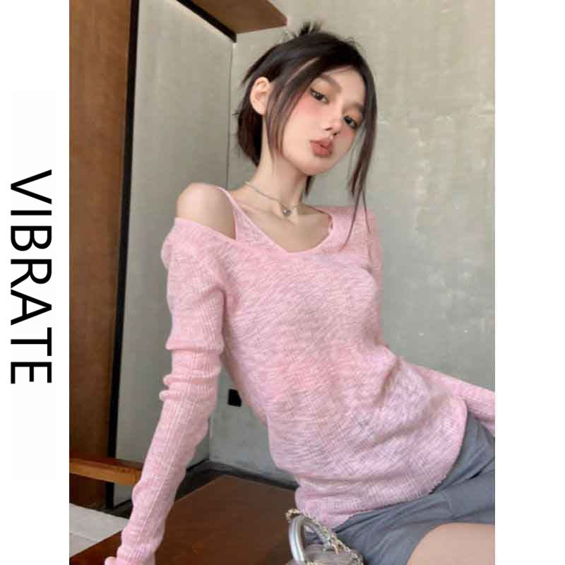 VIBRATE韓版設計感假兩件鏤空長袖女裝夏季薄款修身顯瘦上衣ins韓