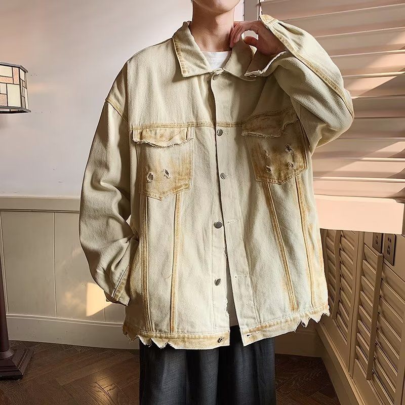 Ripped denim jacket men's spring new niche design American retro jacket trendy brand loose casual top