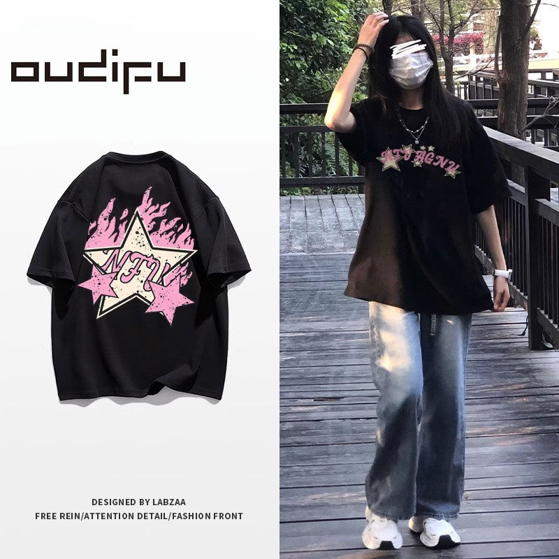 OUDIFU純棉100%港風2023夏新款寬鬆情侶潮牌多巴胺短袖T恤女上衣