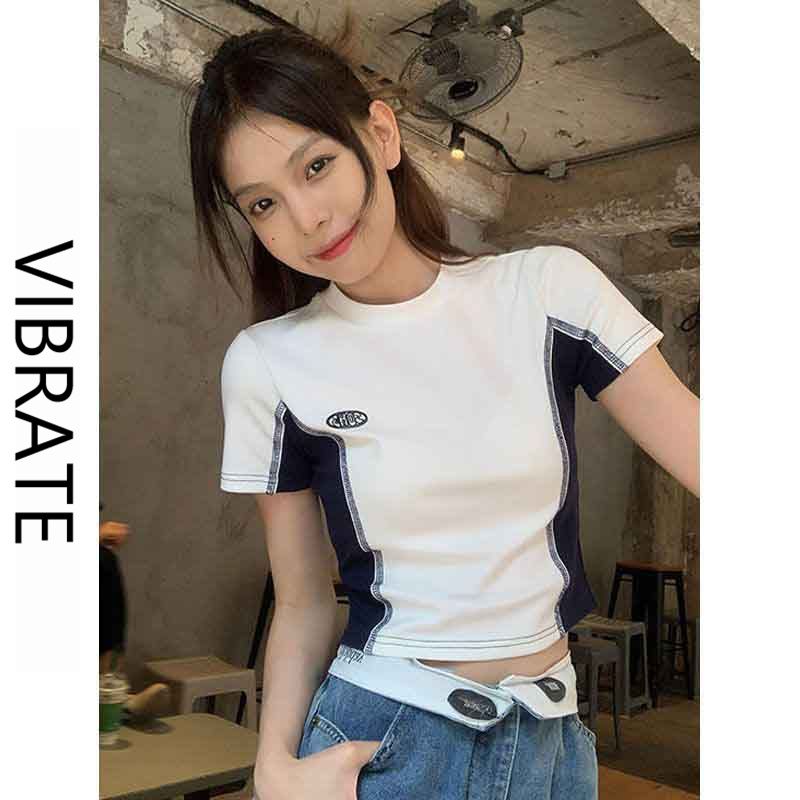 VIBRATE Korean version of short-sleeved t-shirt women's short summer dress design sense all-match front shoulder t-shirt color matching top looks thin