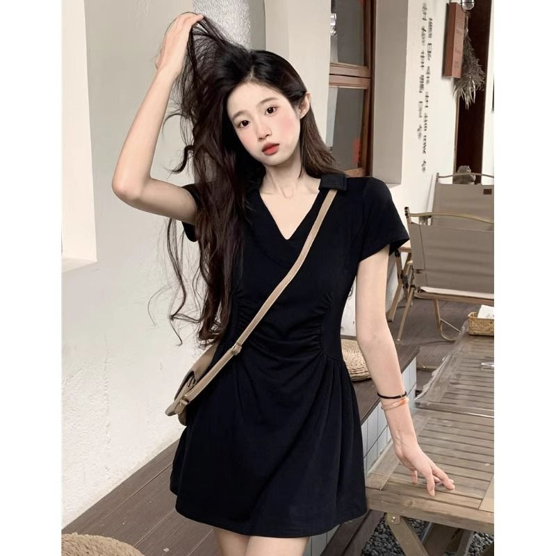 French style polo collar short-sleeved dress women's summer fat mm large size waist slimming a-line short skirt 200 catties