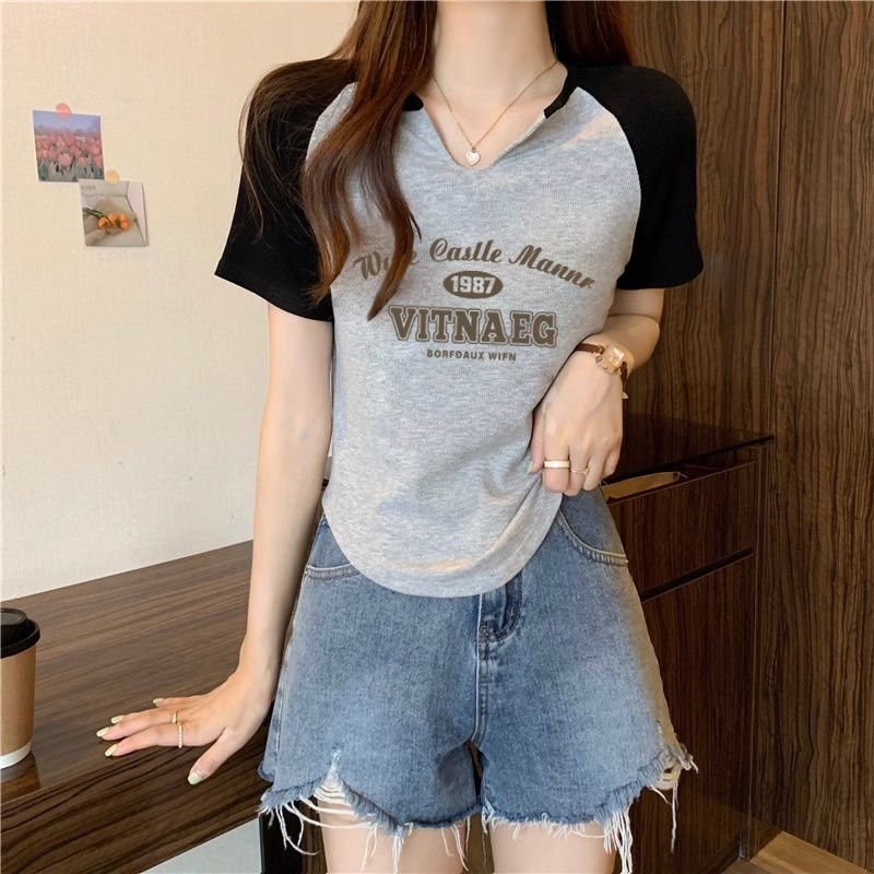 Irregular French all-match top summer retro short-sleeved t-shirt letters foreign style sweet hot girl temperament covering meat women's clothing