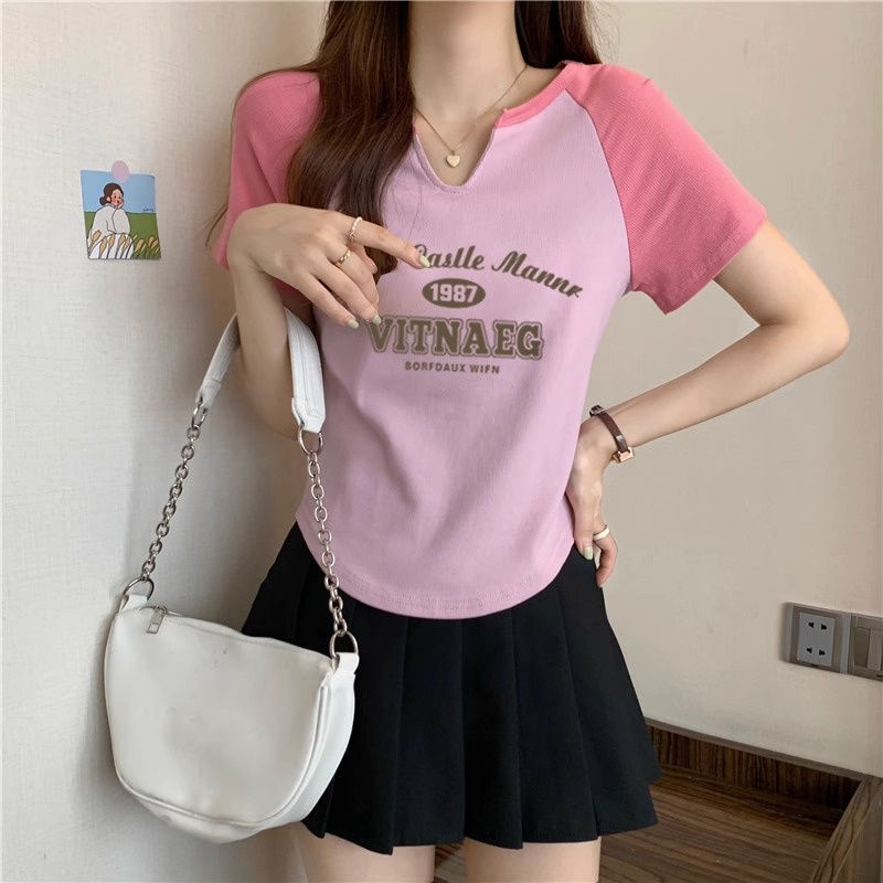 Irregular French all-match top summer retro short-sleeved t-shirt letters foreign style sweet hot girl temperament covering meat women's clothing