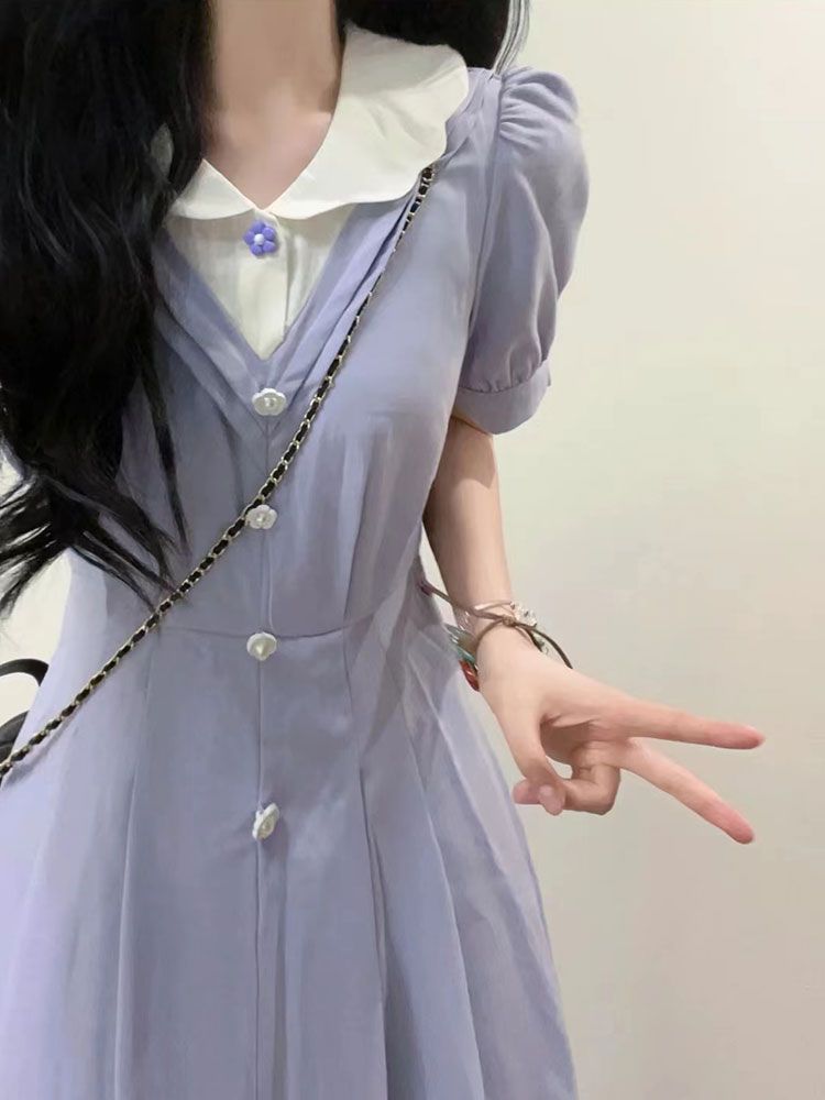 紫色連衣裙女夏季2023新款法式森系仙女裙氣質高腰顯瘦長裙A字裙