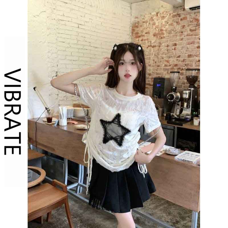 VIBRATE韓版星星美式短上衣正肩小眾設計感微透薄款抽繩T恤女裝