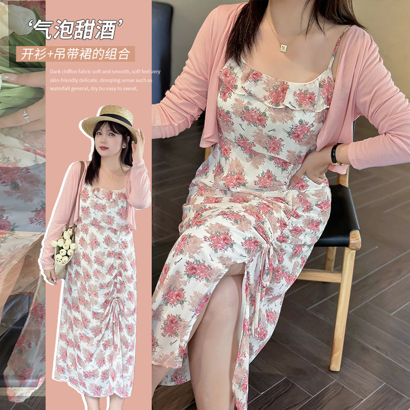 純欲溫柔風女夏季甜辣薄款大碼胖mm碎花吊帶裙+防曬開衫兩件套A35