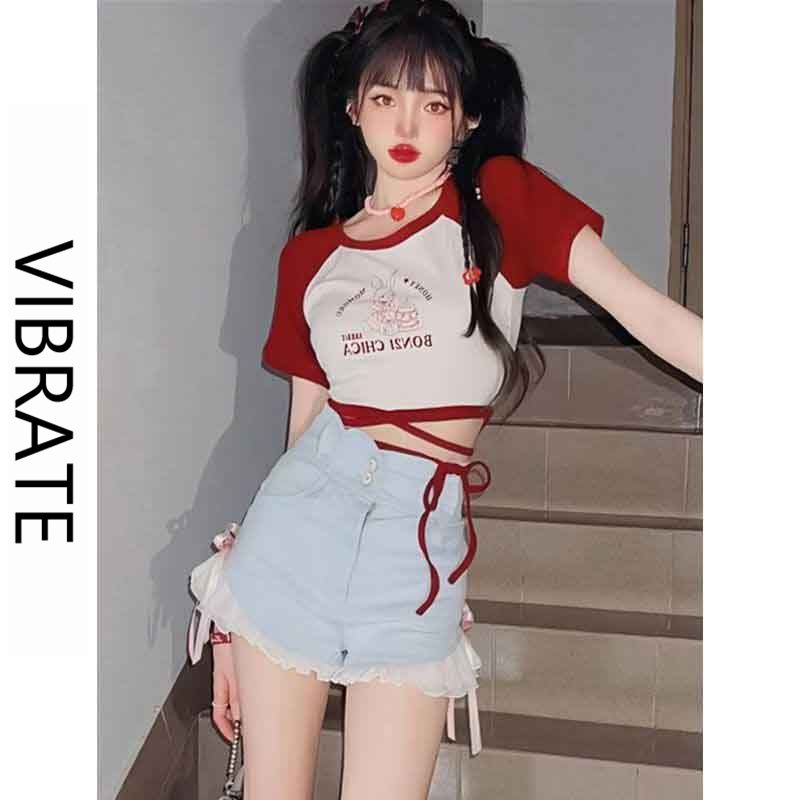 VIBRATE Korean round neck tie short-sleeved T-shirt women's summer navel print hit color hot girl short top women