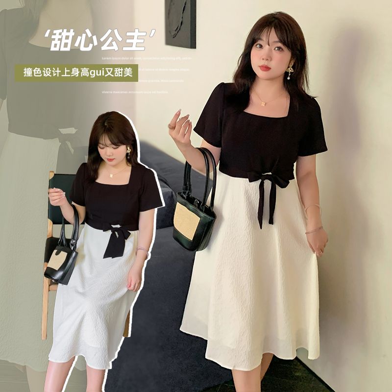 2023夏季新款大碼女裝藏肉微胖胖mm法式赫本風撞色拼接連衣裙A51