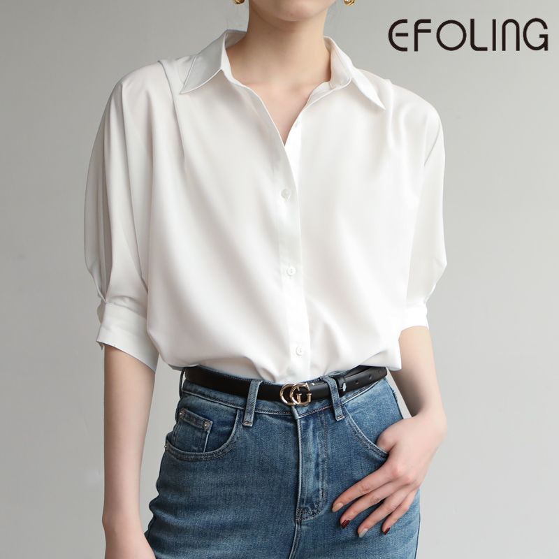 EFOLONG白色中袖襯衫女士通勤女裝法式夏季寬鬆顯瘦百搭薄款襯衣
