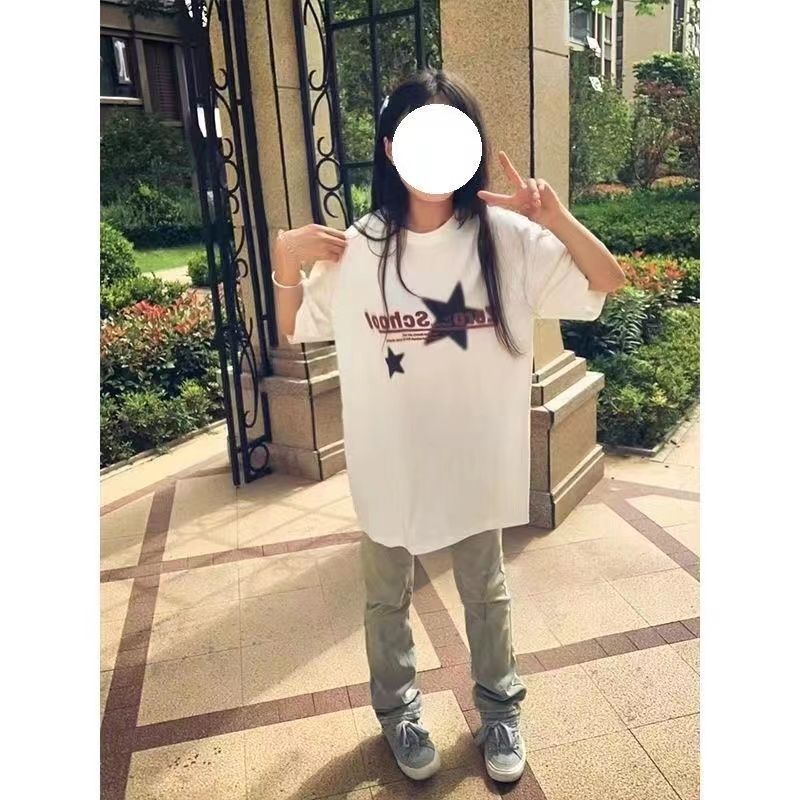 美式復古純棉白色短袖t恤女夏季2023新款ins高街oversize半袖上衣