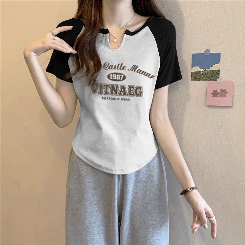 Irregular French all-match top summer retro short-sleeved t-shirt letters foreign style sweet hot girl temperament covering meat women's clothing