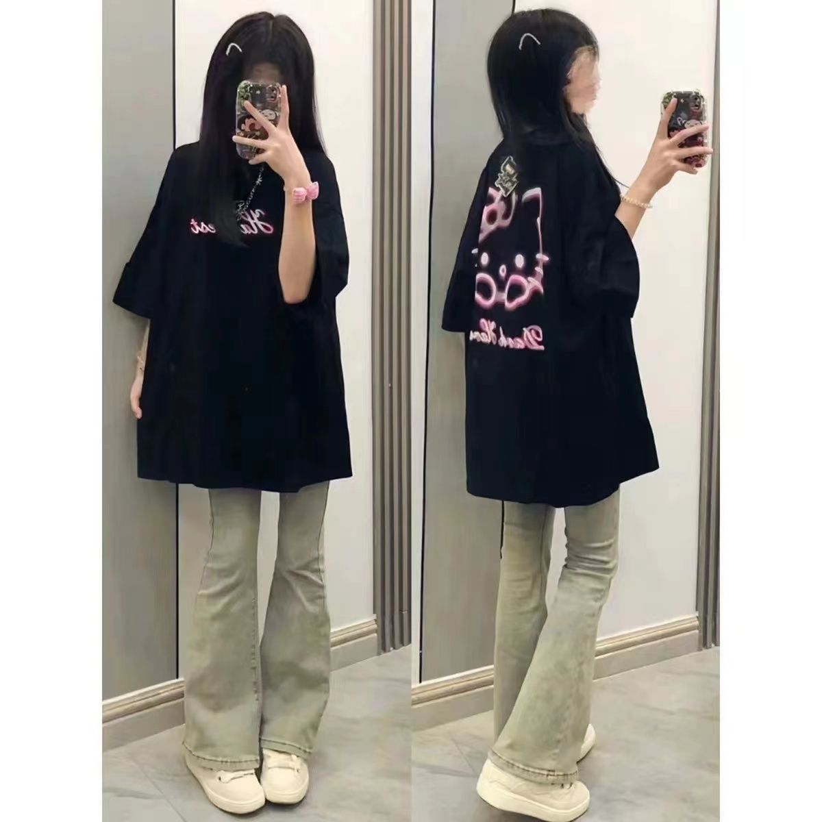 100%純棉美式復古韓版印花t恤女學生2023新款夏季韓版寬鬆上衣女