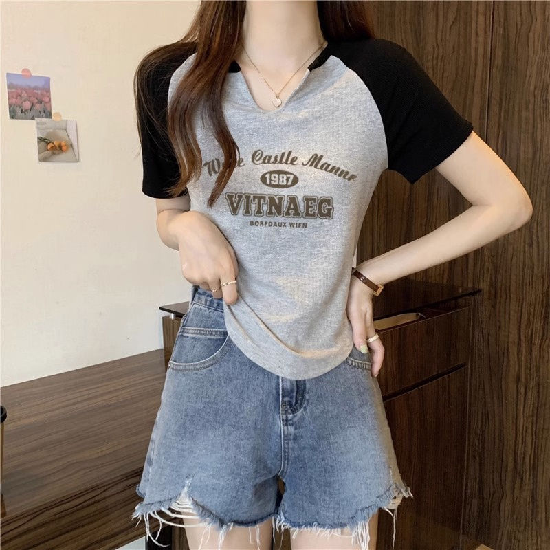 Irregular French all-match top summer retro short-sleeved t-shirt letters foreign style sweet hot girl temperament covering meat women's clothing