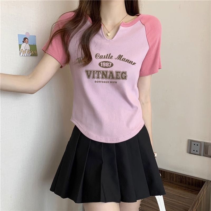 Irregular French all-match top summer retro short-sleeved t-shirt letters foreign style sweet hot girl temperament covering meat women's clothing