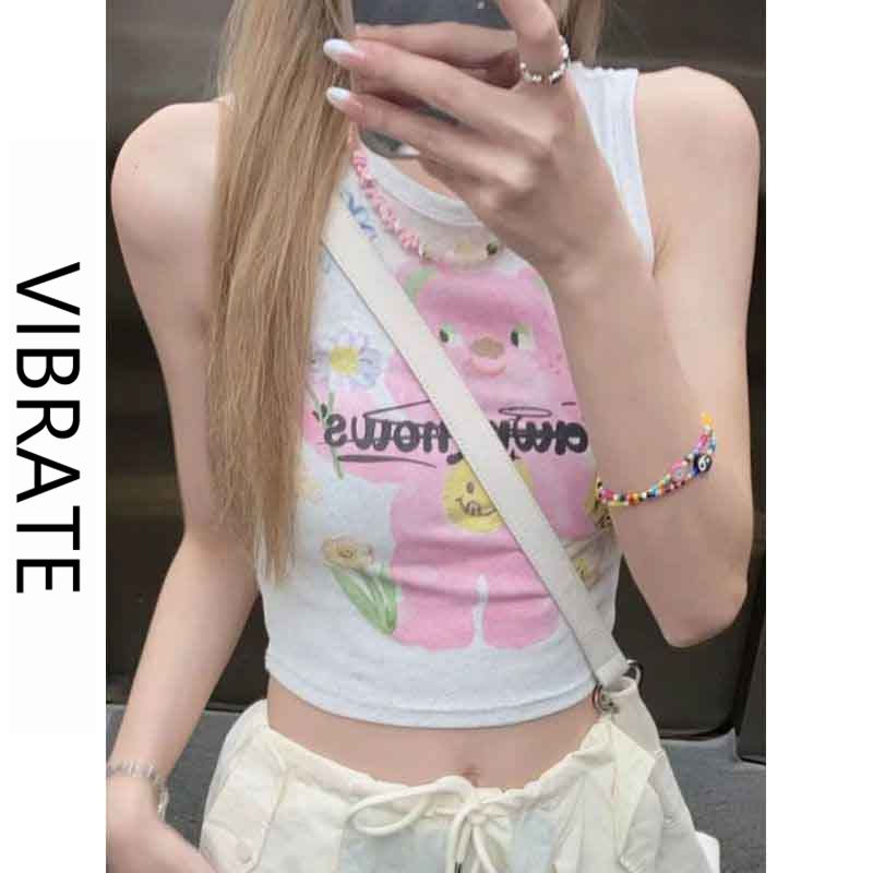 VIBRATE韓版美式復古甜酷辣妹短款露腰無袖背心女夏季坎肩上衣潮