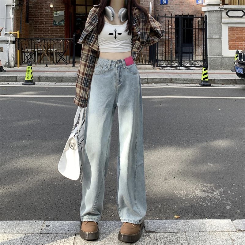 復古風淺色闊腿牛仔褲女夏季新款小個子高腰寬鬆顯瘦直筒褲長褲