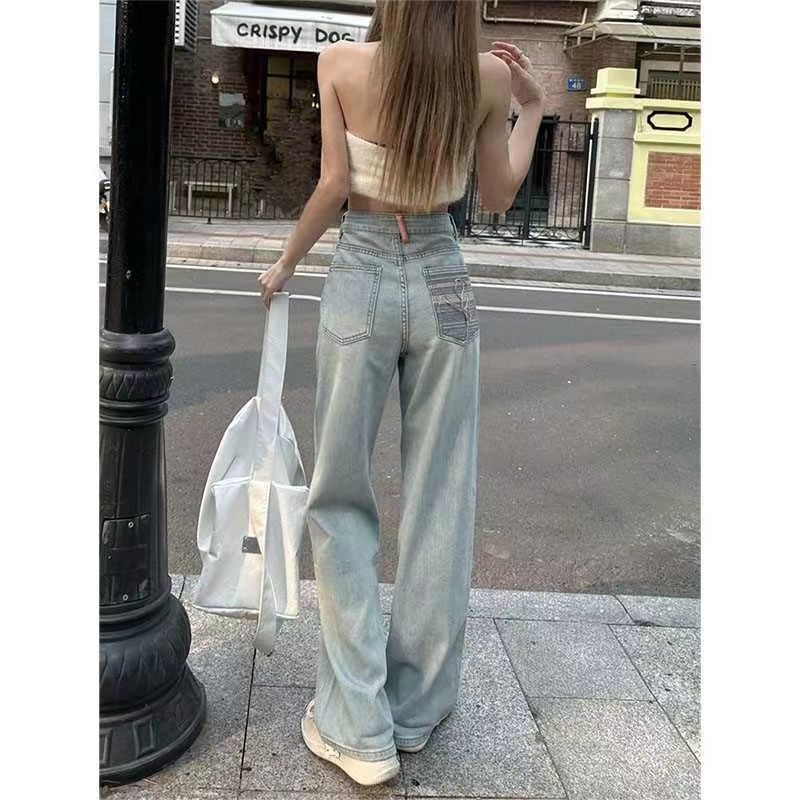 淺藍色牛仔褲女水洗拖地長褲百搭直筒美式辣妹顯瘦辣妹新款設計感