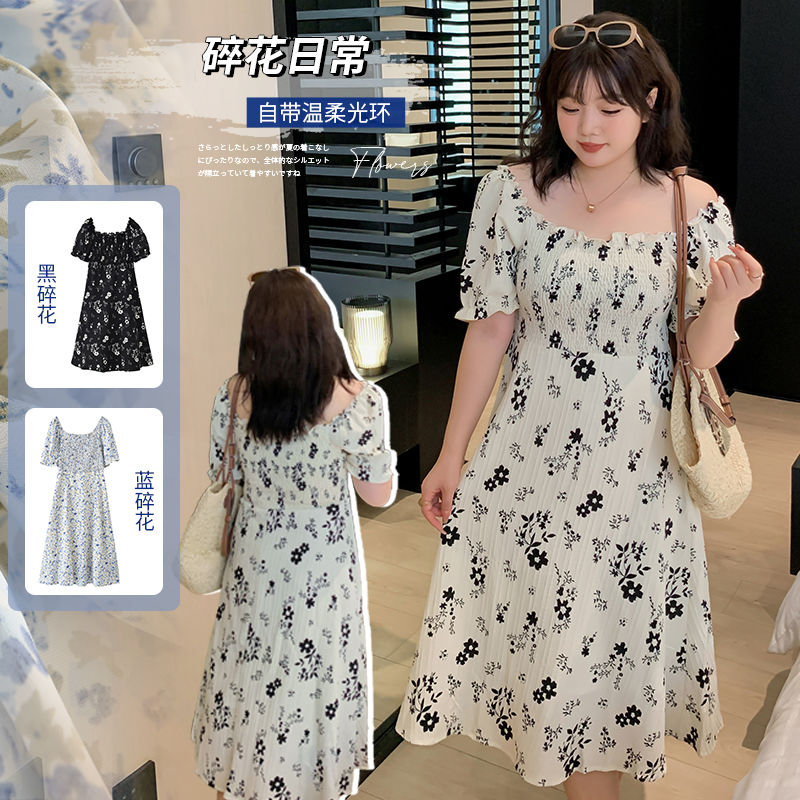 2023夏季洋氣新款大碼顯瘦女裝胖mm溫柔風法式碎花收腰連衣裙A47