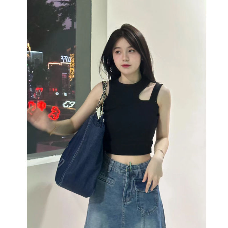 美式復古黑色斜肩外穿吊帶小背心女夏新款甜辣妹無袖上衣打底背心
