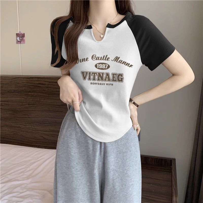 Irregular French all-match top summer retro short-sleeved t-shirt letters foreign style sweet hot girl temperament covering meat women's clothing