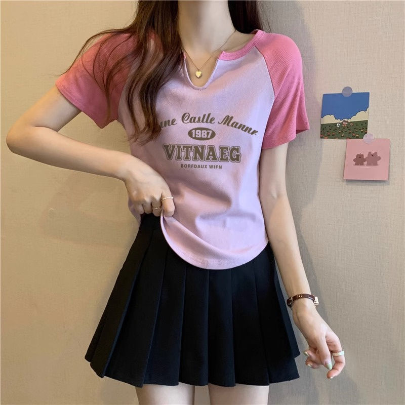 Irregular French all-match top summer retro short-sleeved t-shirt letters foreign style sweet hot girl temperament covering meat women's clothing