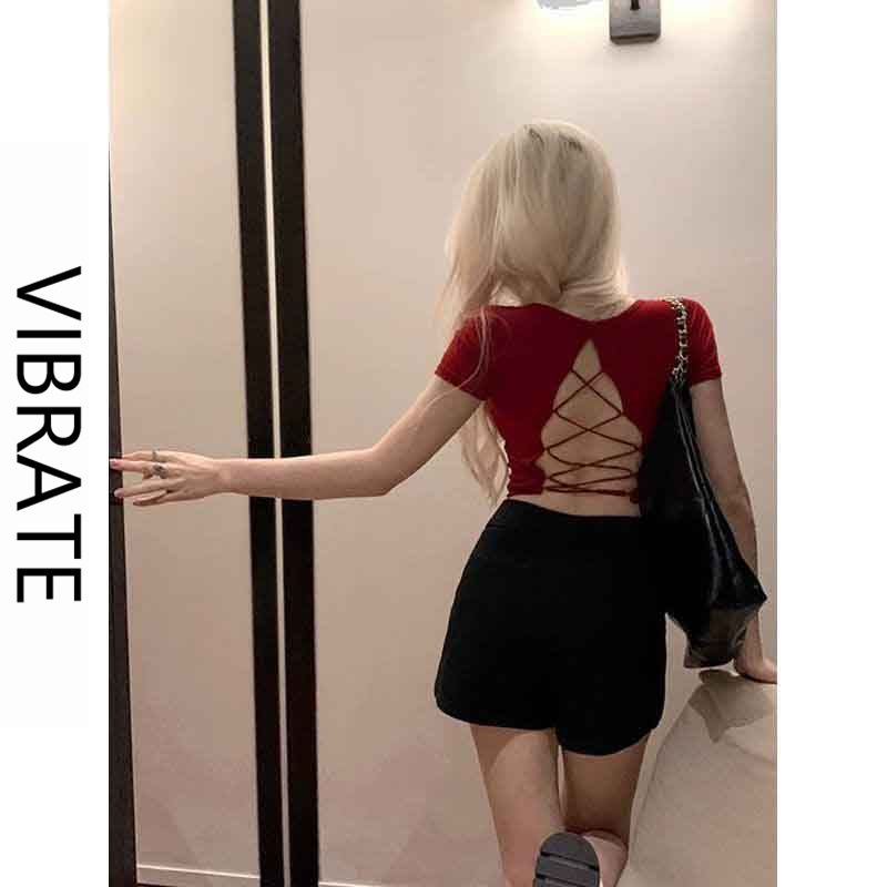 VIBRATE Korean version of the hot girl short-sleeved T-shirt women's summer new back hollow strap halter temperament top Korean