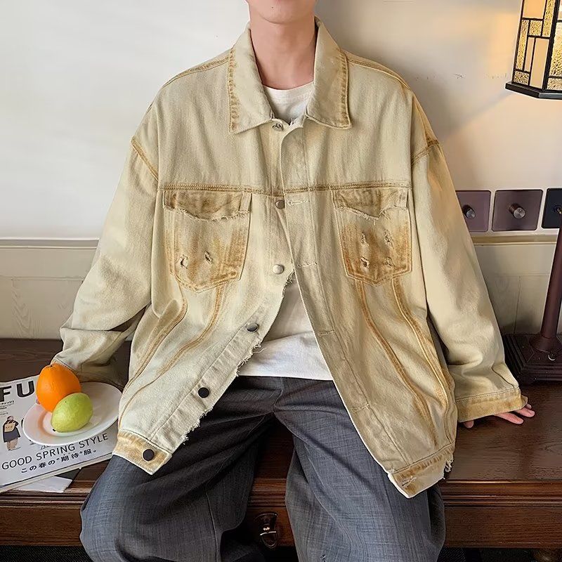 Ripped denim jacket men's spring new niche design American retro jacket trendy brand loose casual top