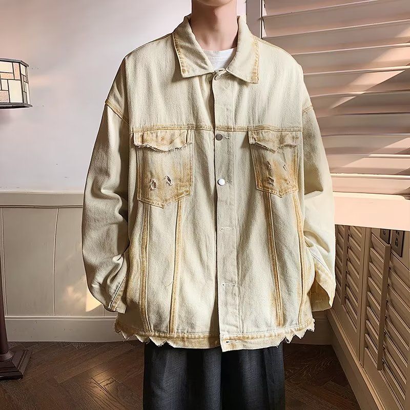 Ripped denim jacket men's spring new niche design American retro jacket trendy brand loose casual top