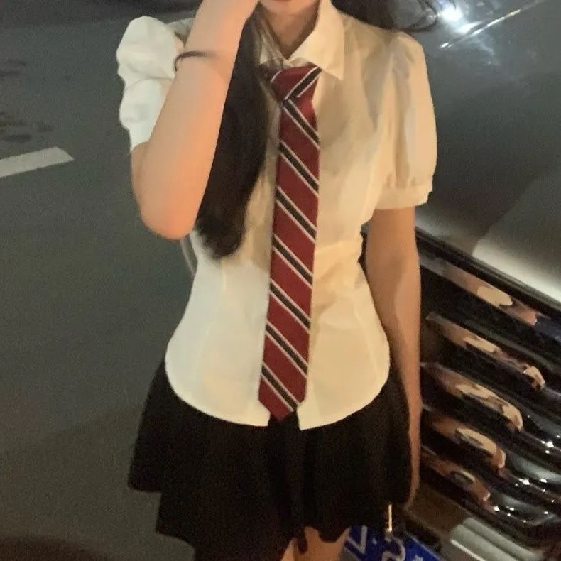 套裝學院風jk襯衫原創泡泡袖收腰顯瘦白色短袖襯衣基礎款百褶裙夏