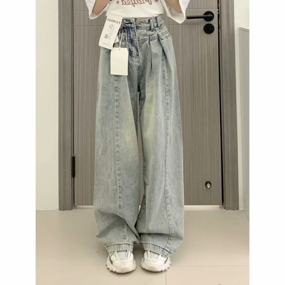 寬鬆闊腿牛仔褲女2023新款復古梨型身材胖mm垂感高腰直筒拖地褲子