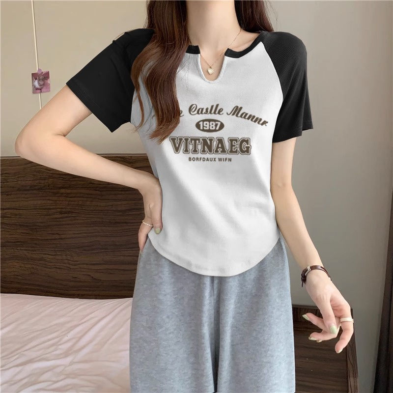 Irregular French all-match top summer retro short-sleeved t-shirt letters foreign style sweet hot girl temperament covering meat women's clothing