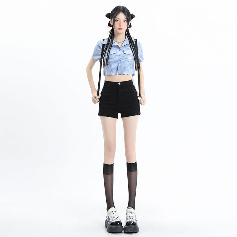 黑色緊身牛仔短褲女2023年夏季高腰顯瘦瑜伽辣妹包臀美式a字熱褲